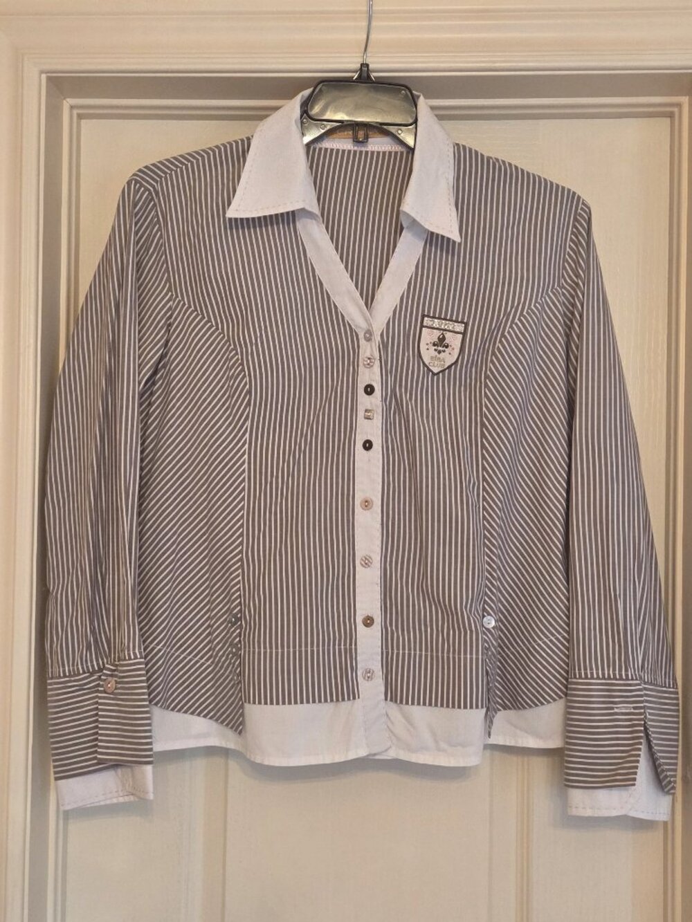CRISCA BIBA CLUB BLOUSE SIZE 46 BROWN AND WHITE STRIPES, GERMANY